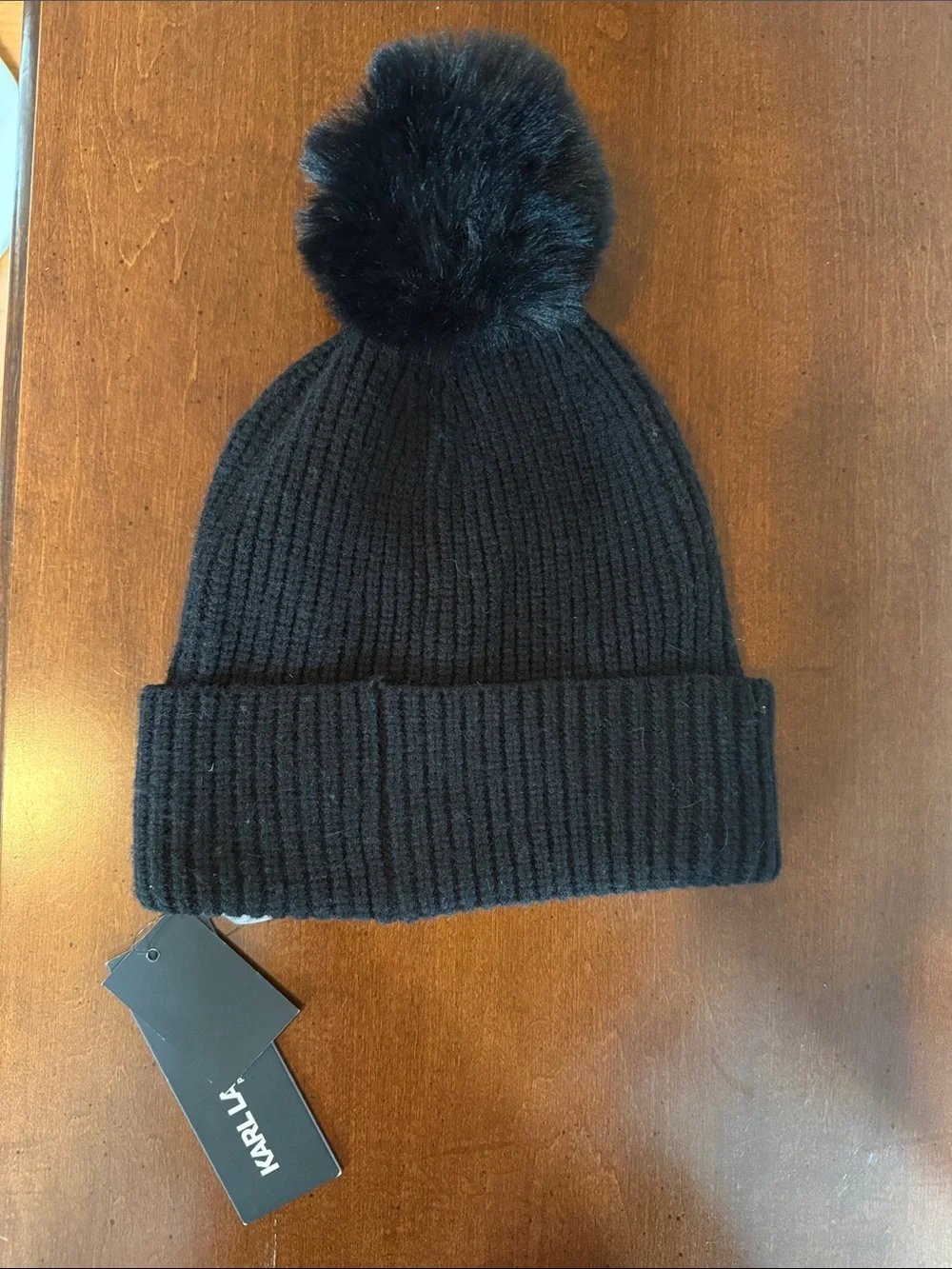Karl Lagerfeld Black Ribbed Pom Pom Beanie with Icon Patch
